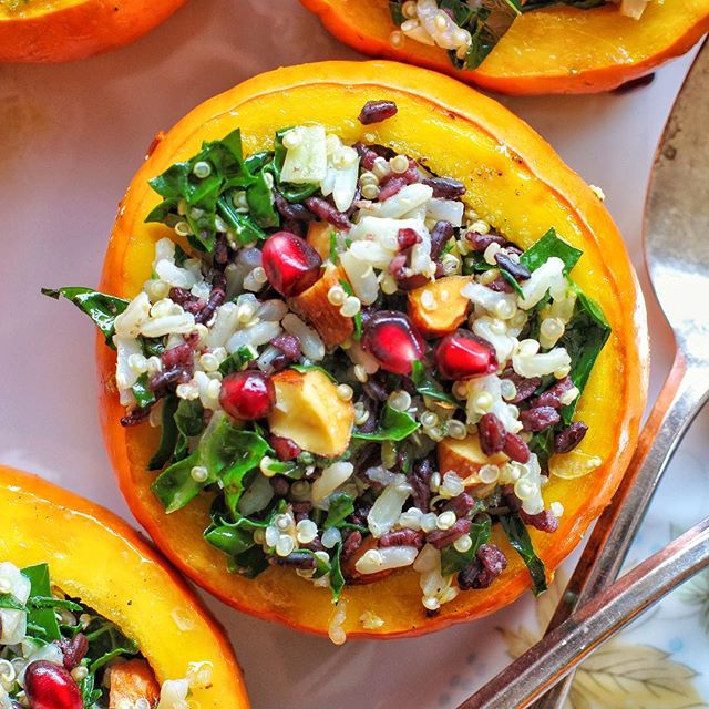 Roasted Mini Pumpkins Stuffed With Quinoa Kale Pomegranate Seeds Recipe The Feedfeed