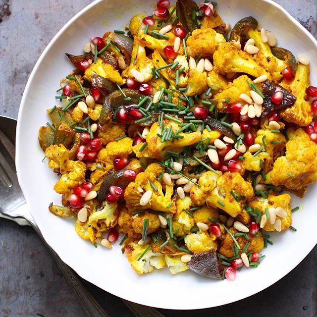 Roasted Cauliflower With Turmeric, Pomegranate And Pine Nuts by