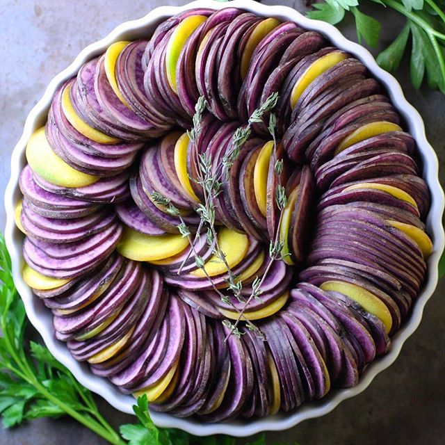 Spiraled Blue Potato And Yellow Carrot Casserole by urbankitchenapothecary Quick & Easy Recipe