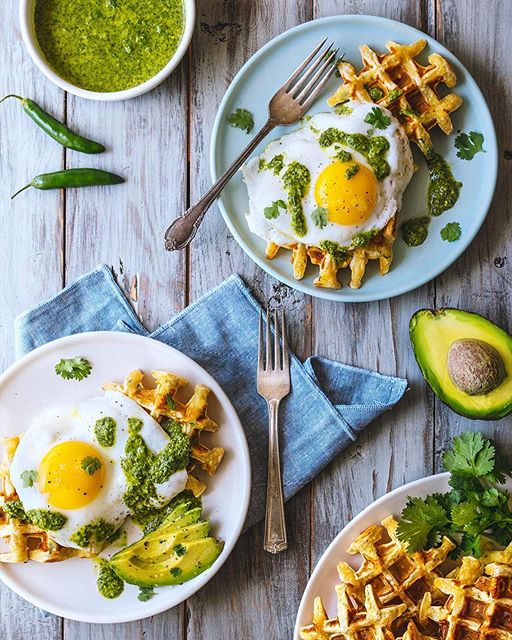 Jalapeño Cheddar Waffles With Homemade Hot Sauce And Fried Eggs by