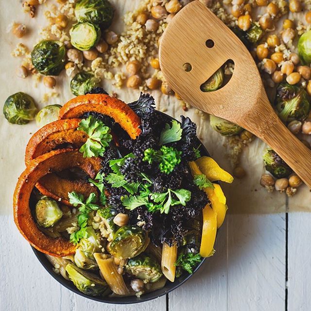 Brussels Sprout, Pumpkin, And Vegan Cheese Crumble Buddha Bowl by