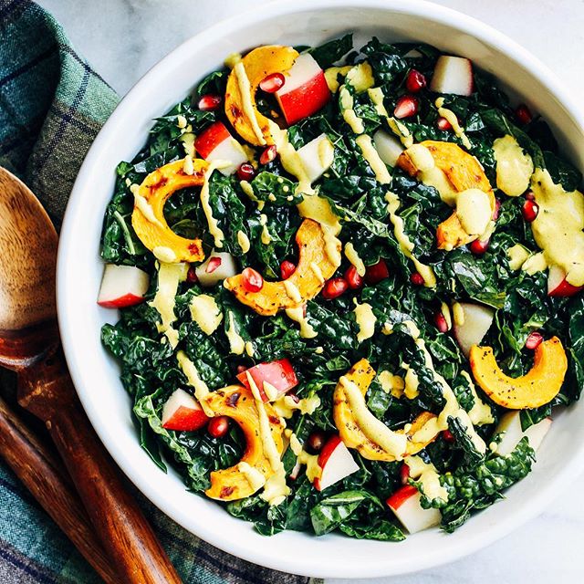 Kale Salad With Apples, Delicata Squash, Pomegranate And Turmeric