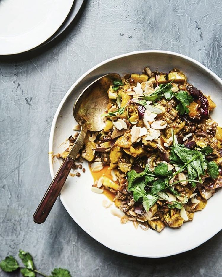 Harissa And Coconut Milk Baked Delicata Squash With Lentils And Toasted
