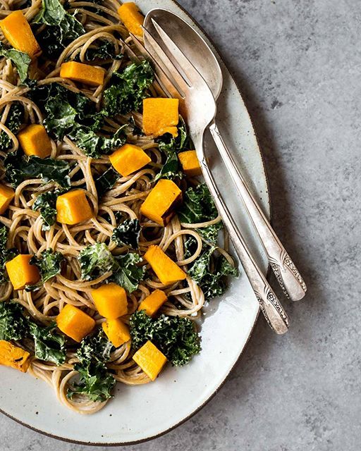 Kale And Butternut Squash Pasta With Creamy White Wine Cashew Sauce