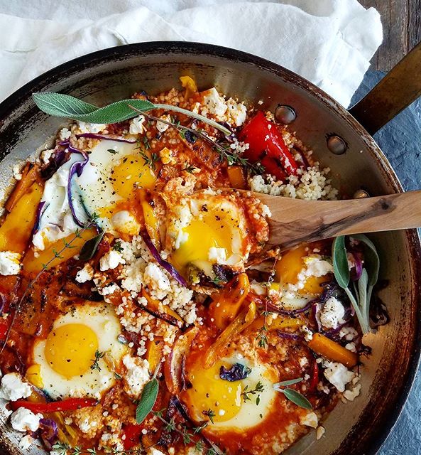 Skillet Eggs In Marinara Sauce With Couscous And Feta Recipe | The Feedfeed