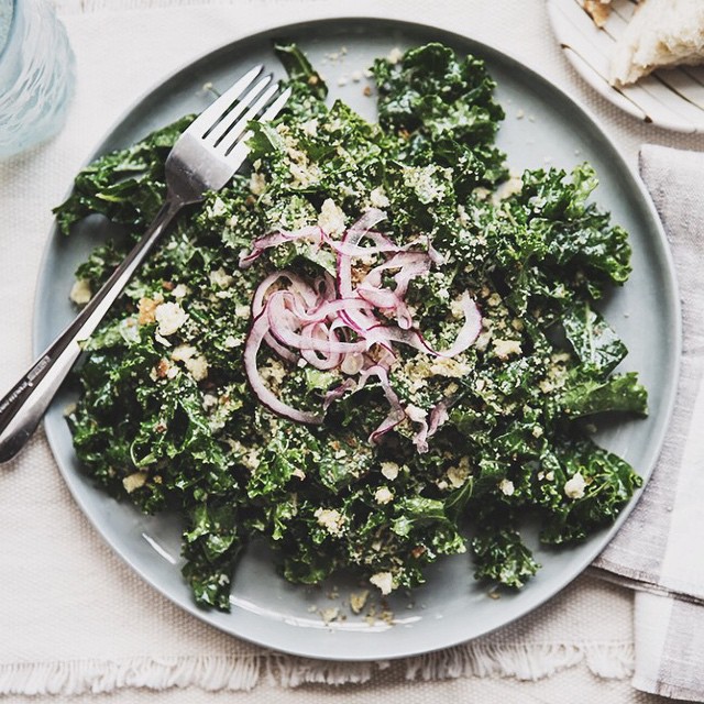 Kale Caesar Salad With Pickled Onions, Red Pepper Flakes & Sourdough
