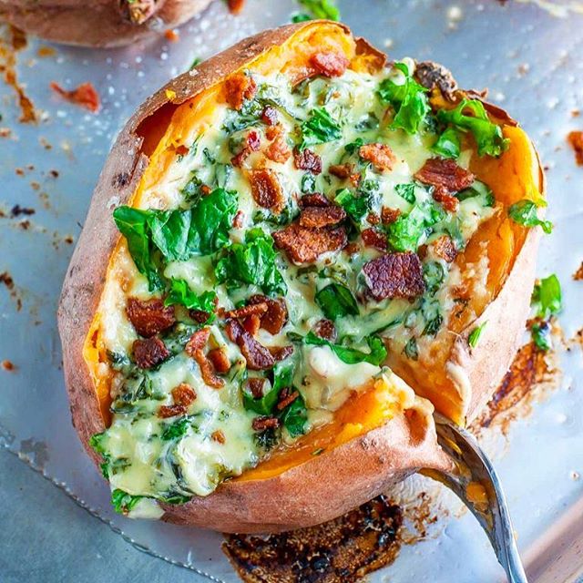 Kale Stuffed Sweet Potatoes With Crispy Bacon And Havarti Cheese Recipe The Feedfeed