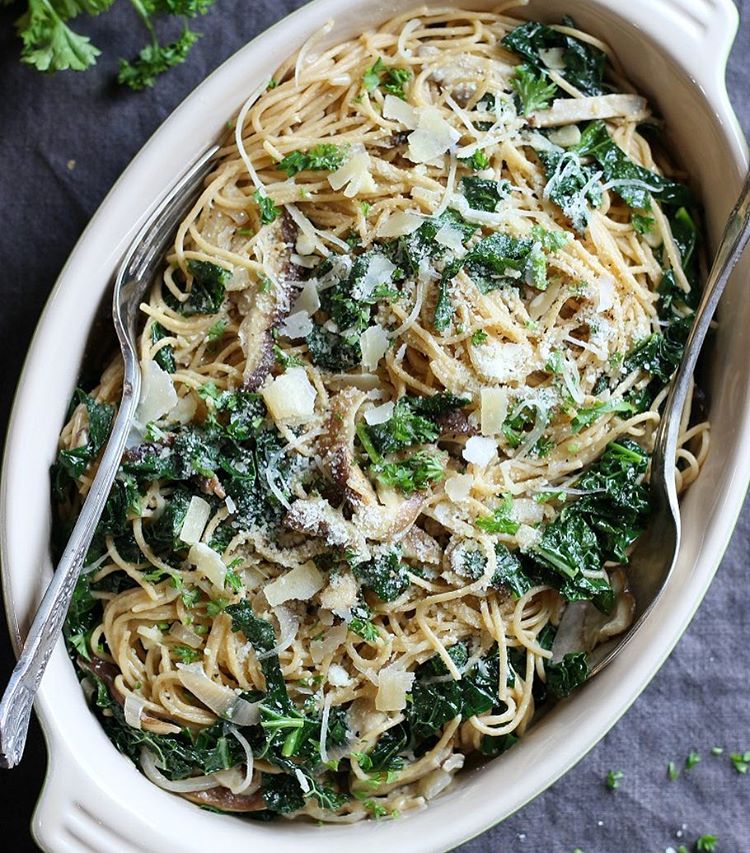 Garlicky Kale & Mushroom Spaghetti With Parmesan by gardeninthekitchen |  Quick & Easy Recipe | The Feedfeed