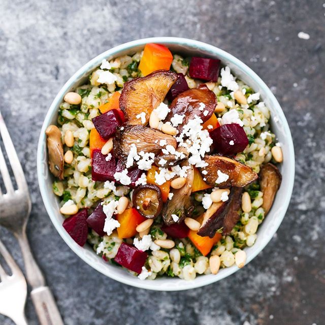 Beet, Barley And Wild Mushroom Bowl With Beet Greens Pesto by