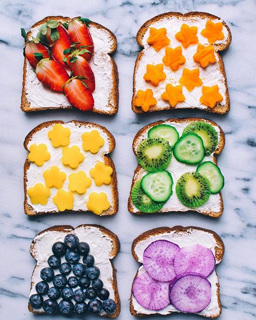 Fruit And Veggie Toasts With Almond Milk Cream Cheese Recipe | The Feedfeed