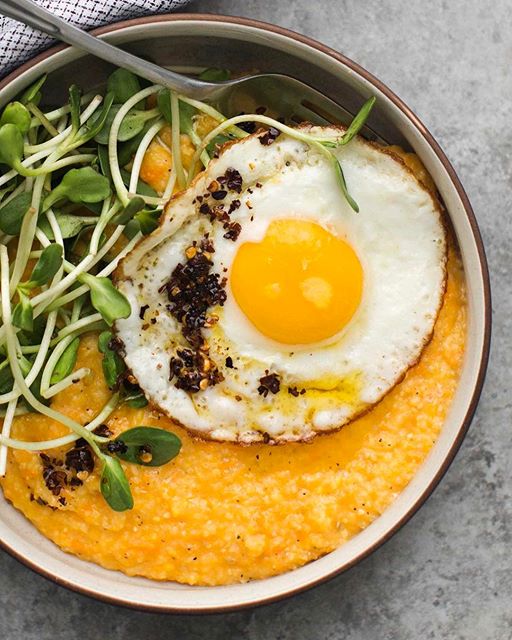 Sweet Potato Polenta With Fried Eggs, Greens And Chili Oil by naturallyella Quick & Easy
