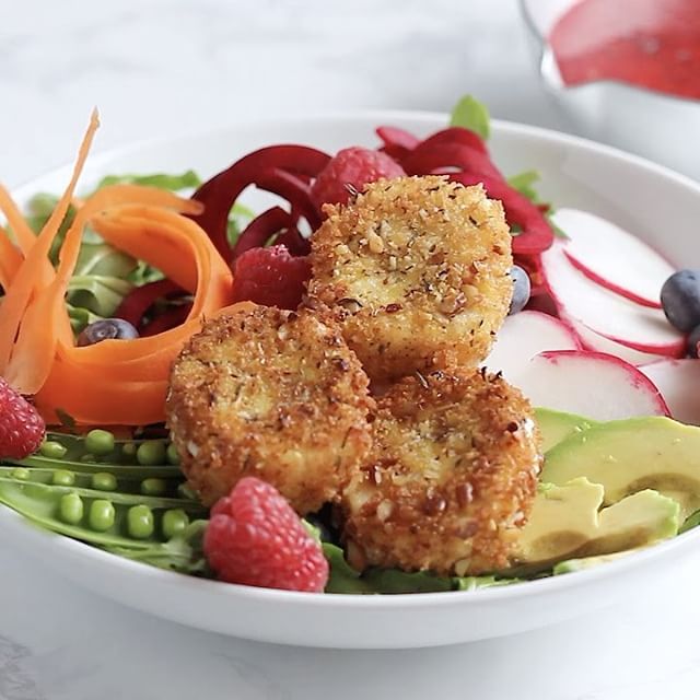 Fried Goat Cheese Salad With Raspberry Dressing Recipe | The Feedfeed