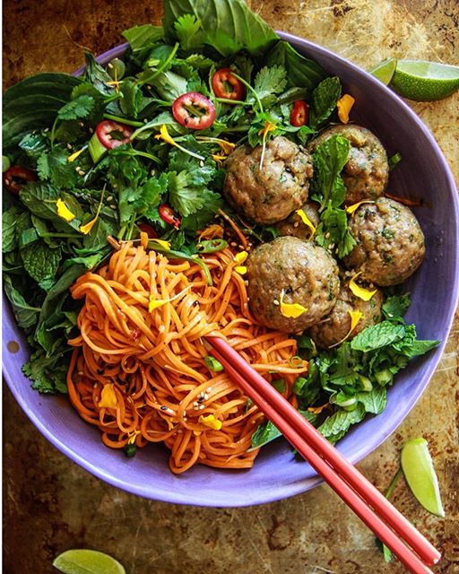 Sweet Potato Noodle Bowl With Herb Salad And Ginger Meatballs by ...