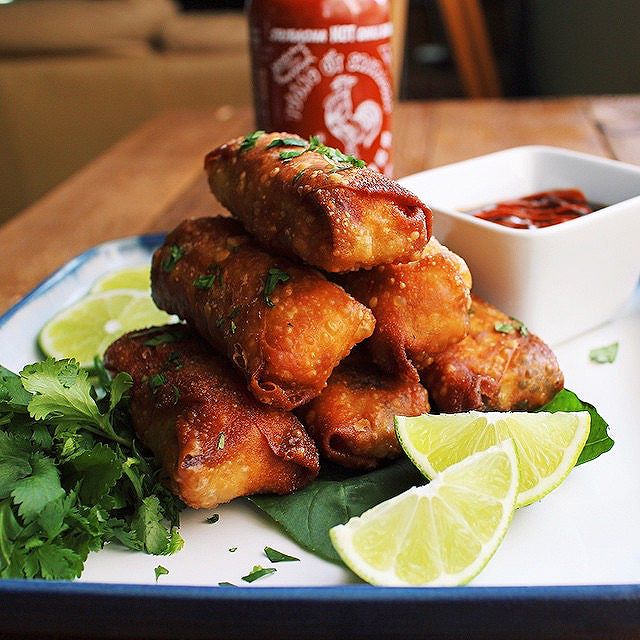 Roasted Chicken & Rice Noodle Egg Rolls With Sweet & Sour Dipping Sauce