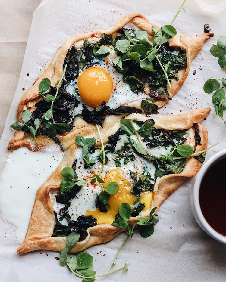 Chard & Cheddar Breakfast Galettes With Eggs & Snow Pea Greens Recipe