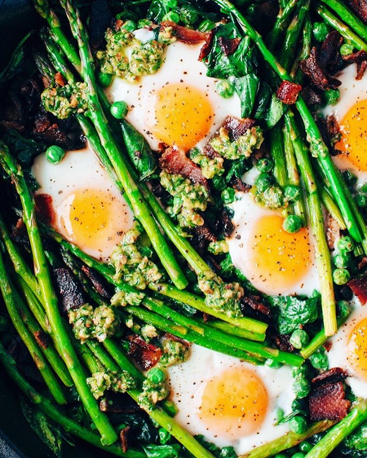 Asparagus, Pea & Egg Skillet With Bacon And Herbed Almond Pesto Recipe