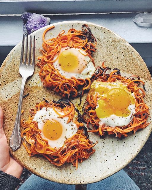 Spiralized Sweet Potato Egg Nests - Downshiftology