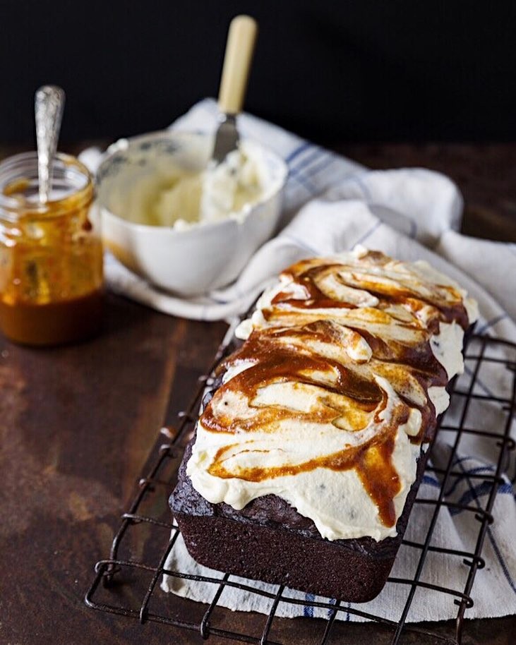 Caramel Mascarpone Frosted Double Chocolate Banana Bread by