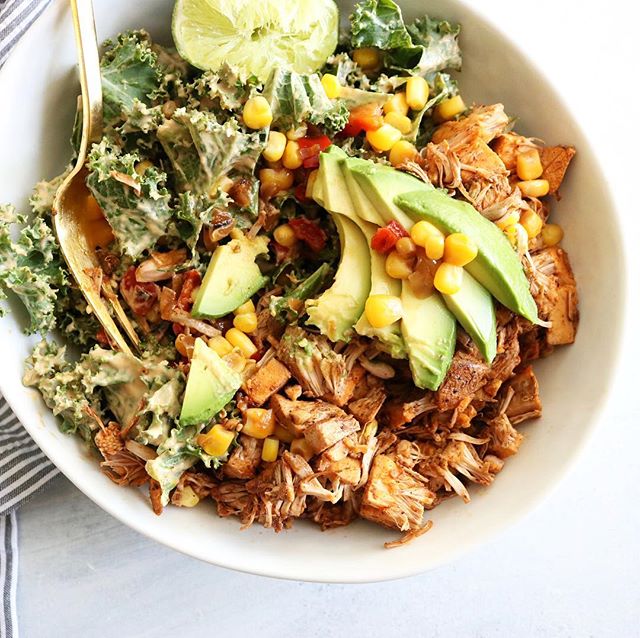 Jackfruit Burrito Bowl With Homemade Queso, Kale And Corn by