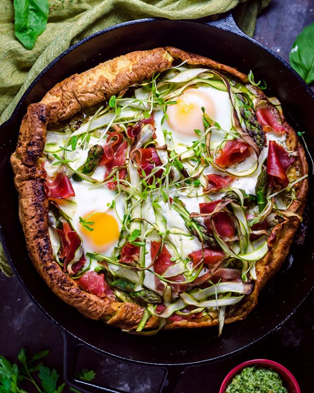 Savory Dutch Baby Breakfast Pizza With Pesto, Pancetta, Asparagus