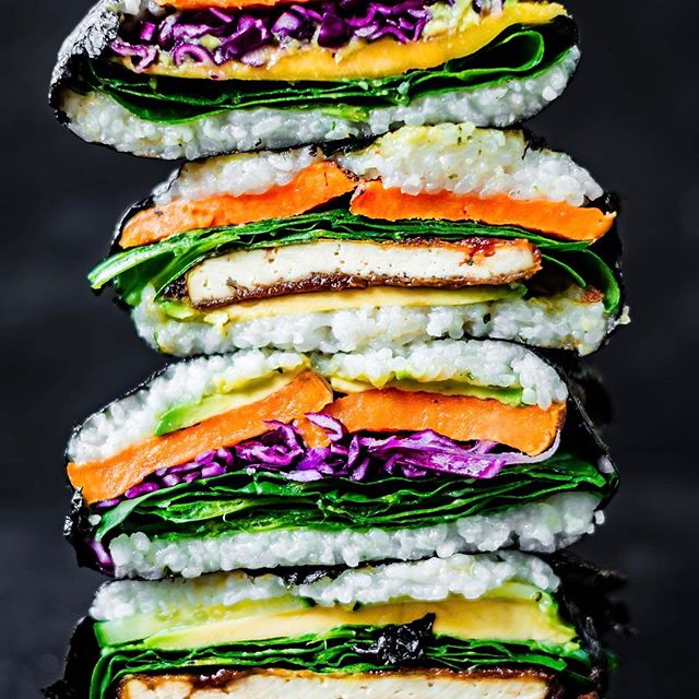 Rainbow Onigirazu With Peanut Butter Glazed Tofu Recipe The Feedfeed