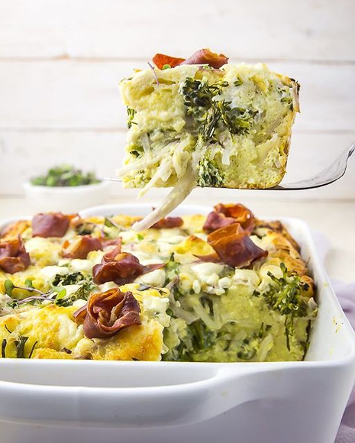 Overnight Broccolini, Goat Cheese & Crispy Prosciutto Strata by