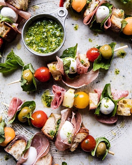 Antipasto Skewers With Melon And Kale Pesto Recipe | The Feedfeed