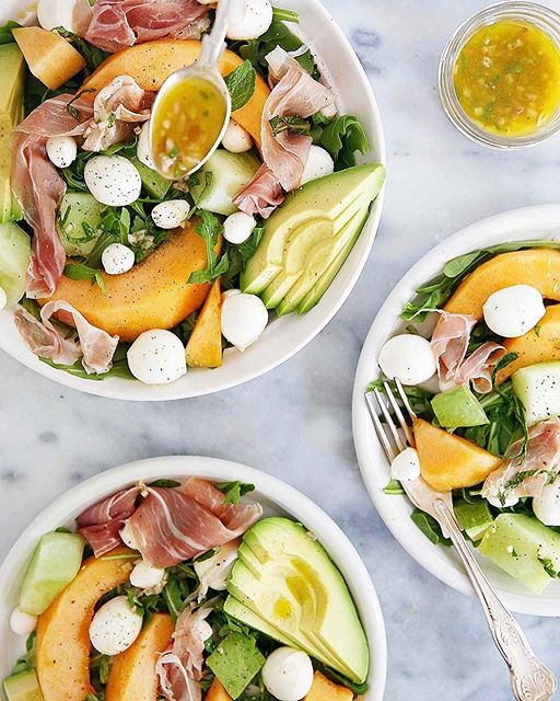 Melon Salad With Prosciutto, Avocado And Mint Apple Cider Vinaigrette