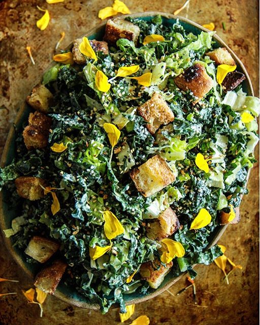 Kale Caesar Salad With Tahini Caesar Dressing Recipe The Feedfeed