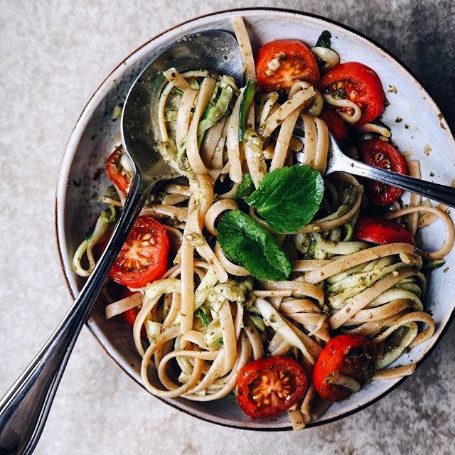 Linguine And Zoodles With Basil Pesto And Tomatoes Recipe | The Feedfeed