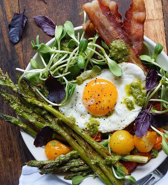 Roasted Vegetable Bowls With Fried Eggs, Bacon, Sunflower Shoots And Pesto Recipe The Feedfeed