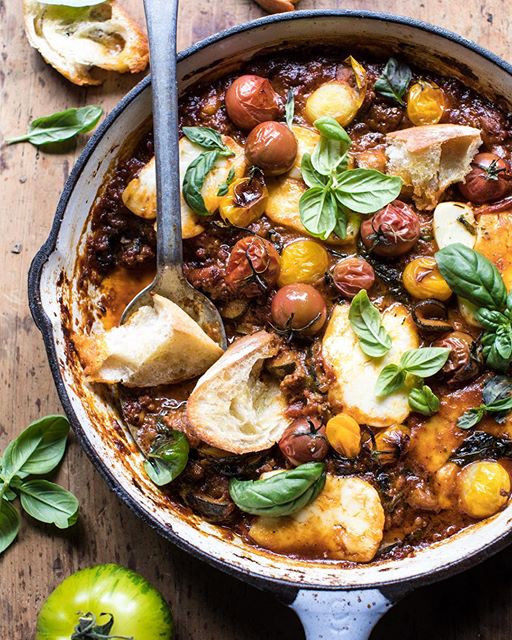 Tomato, Zucchini, Sausage And Halloumi Bake recipe by Tieghan The