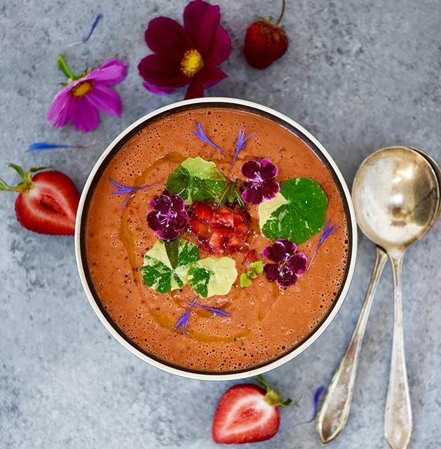 Watermelon Strawberry Basil Gazpacho