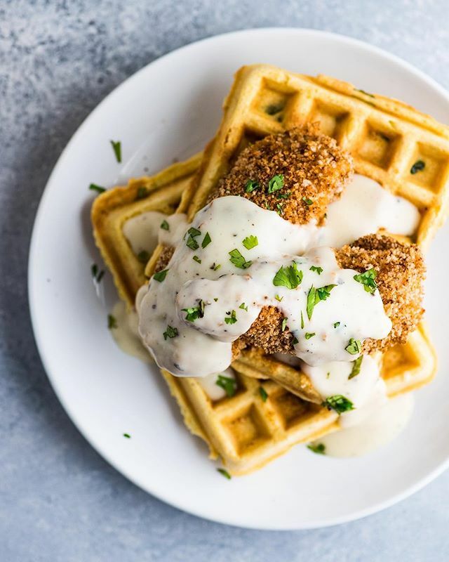 Jalapeno Cornbread Waffles With Crispy Oven Baked Chicken Tenders And Gravy By Isabeleats Quick Easy Recipe The Feedfeed