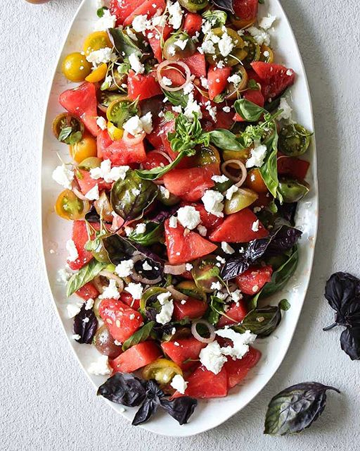 Healthy Basil, Watermelon And Tomato Salad With Coriander And Champagne