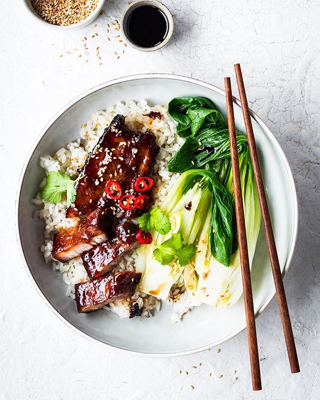 Caramelized Hoisin And Ginger Pork With Sticky Rice And Garlic Bok Choy