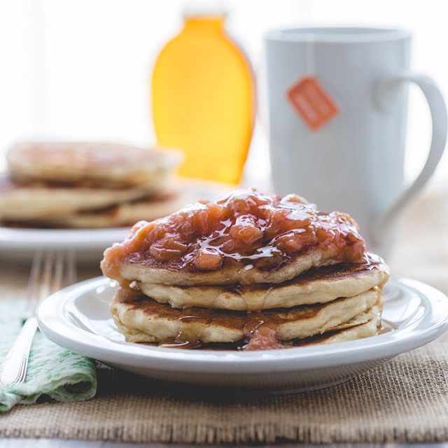 Whole Wheat Lemon & Almond Ricotta Pancakes With Rhubarb & Maple Compote Syrup Recipe The Feedfeed