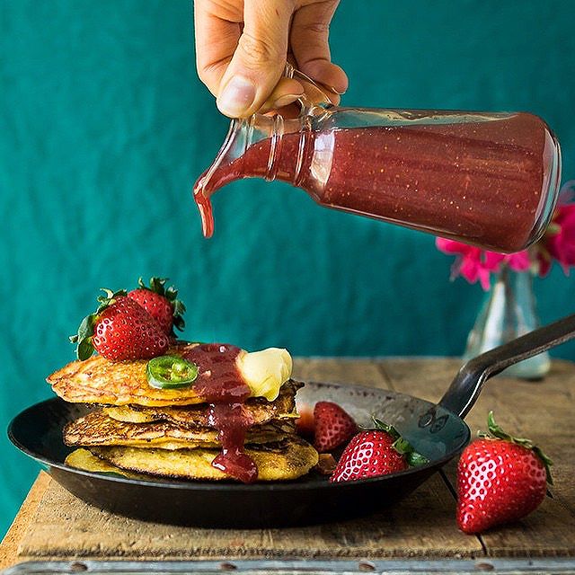 Banana & Bacon Jalapeno Hoe Cakes With Strawberry Syrup Recipe The