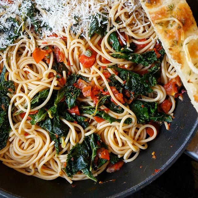 Kale and Tomato Spaghetti with Capers and Homemade Focaccia by smaksminner  | Quick & Easy Recipe | The Feedfeed