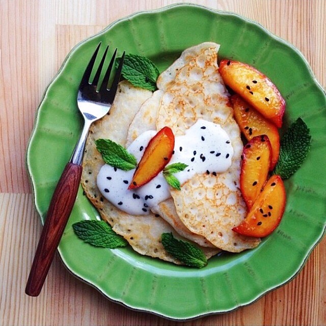 French Vanilla Crepes With Peaches And Mint recipe by Ella Leché ? Pure ...