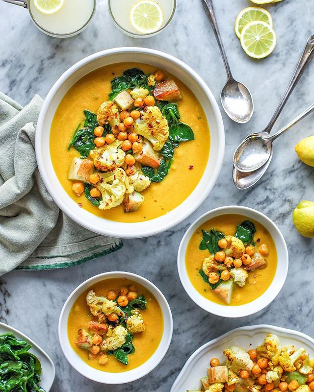 Curried Cauliflower And Chickpea Stew With Spinach And Roasted Potatoes