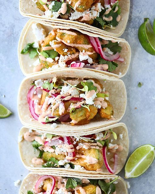 Beer Battered Avocado Tacos With Chipotle Crema And Quick Pickled