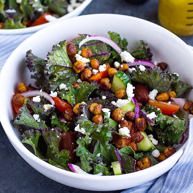 Kale Greek Salad With Roasted Chickpea Croutons Recipe | The Feedfeed