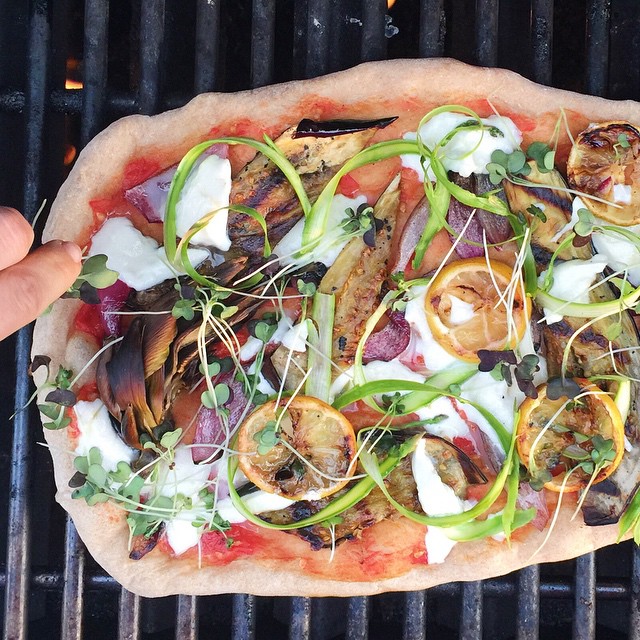 Grilled Vegetable Pizza With Onions, Lemons, Artichokes, Asparagus