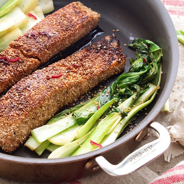 Sesame Crusted Salmon With Spicy Bok Choy Recipe By Allison Hudson The Feedfeed