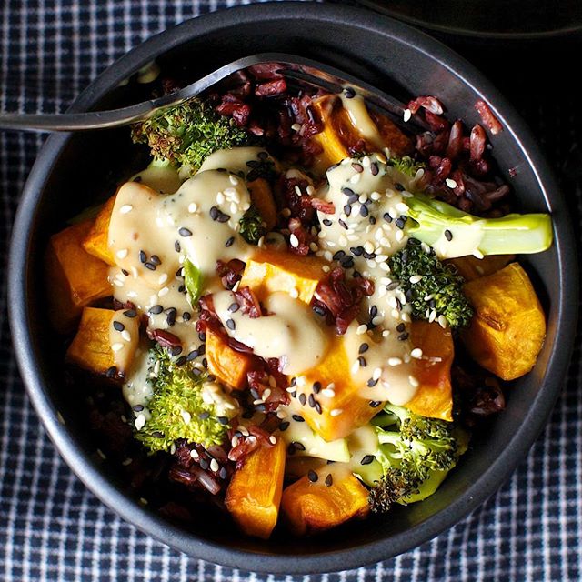 Sweet Potato And Broccoli Bowl With Miso Ginger Tahini Dressing Recipe The Feedfeed