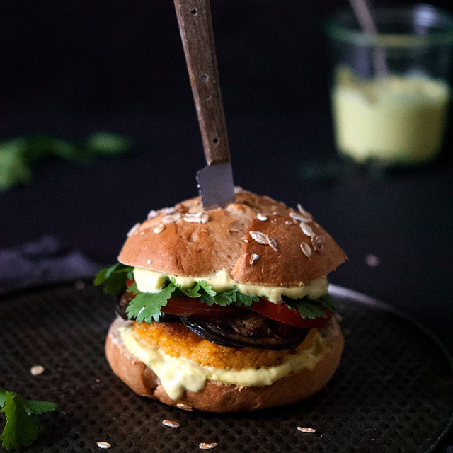 Polenta Yam Burger With Thyme Lemon Mayo Recipe The Feedfeed