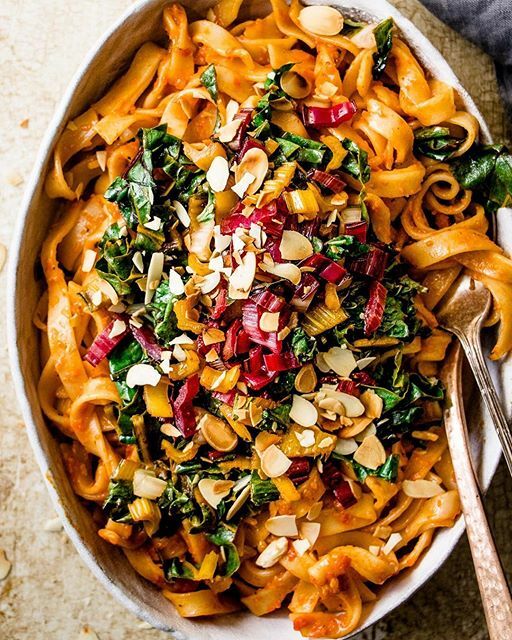 Creamy Roasted Red Pepper Pasta With Swiss Chard And Toasted Almonds Recipe By Deborah Rainford Thompson The Feedfeed