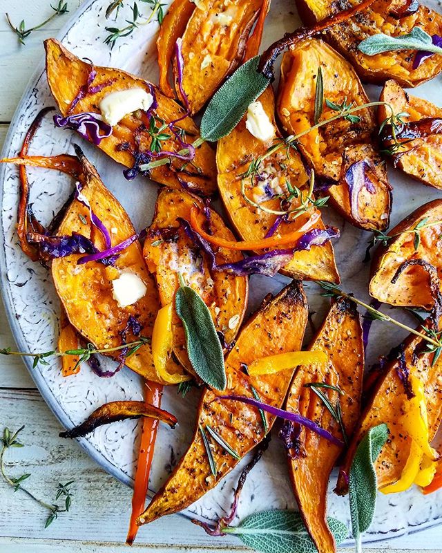 Roasted Sweet Potatoes & Pepper Strips Smashed With Butter & Fresh ...