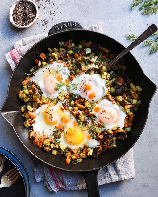 Yam And Sweet Potato Hash With Eggs And Dill Recipe | The Feedfeed